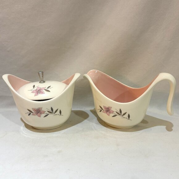 VTG MCM Taylor Smith Taylor Lidded Sugar Bowl & Creamer Pink Interior EUC - Picture 1 of 6